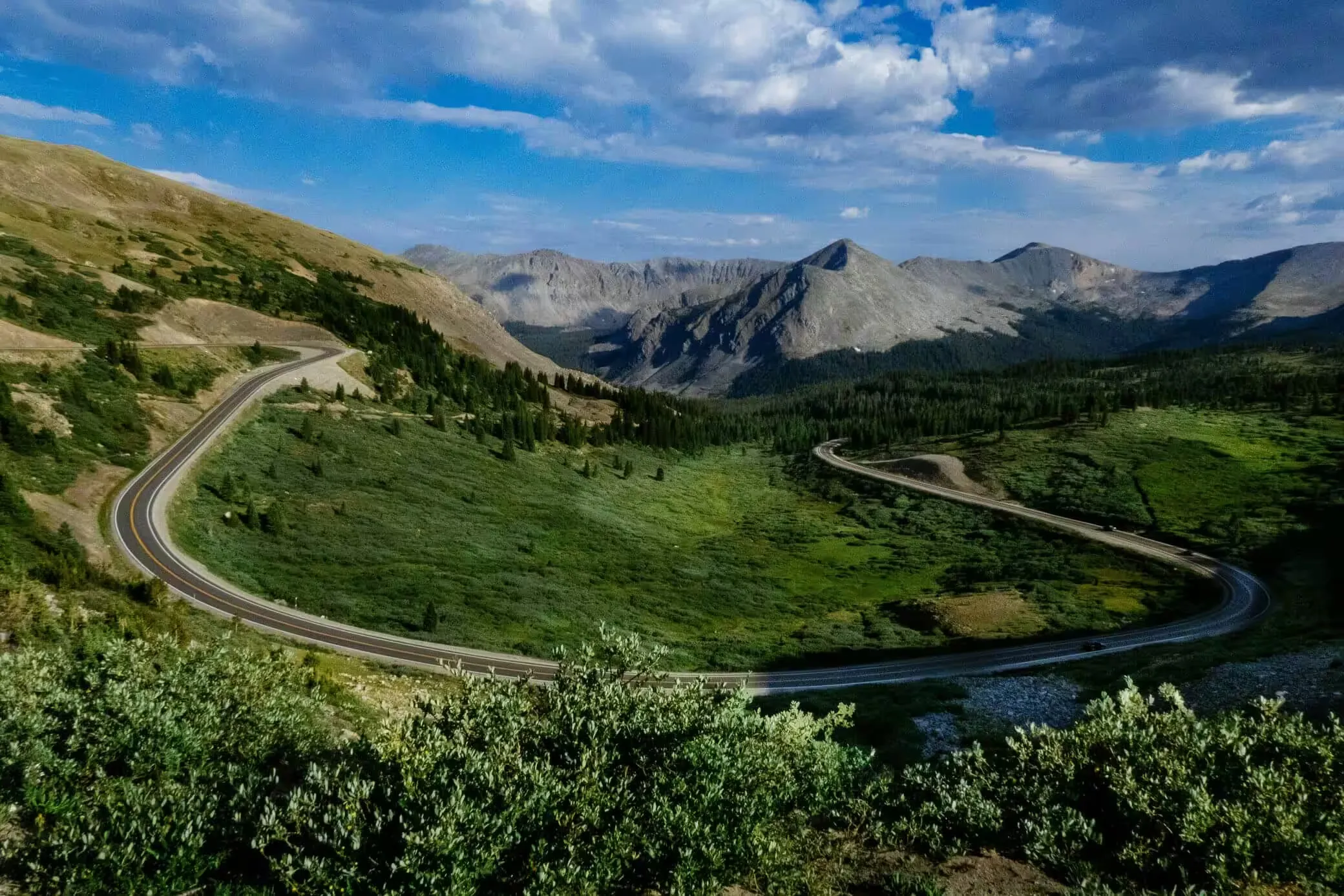 The paved switchback climbing Cottonwood Pass, curving through green alpine meadow with the Collegiate Peaks beyond.